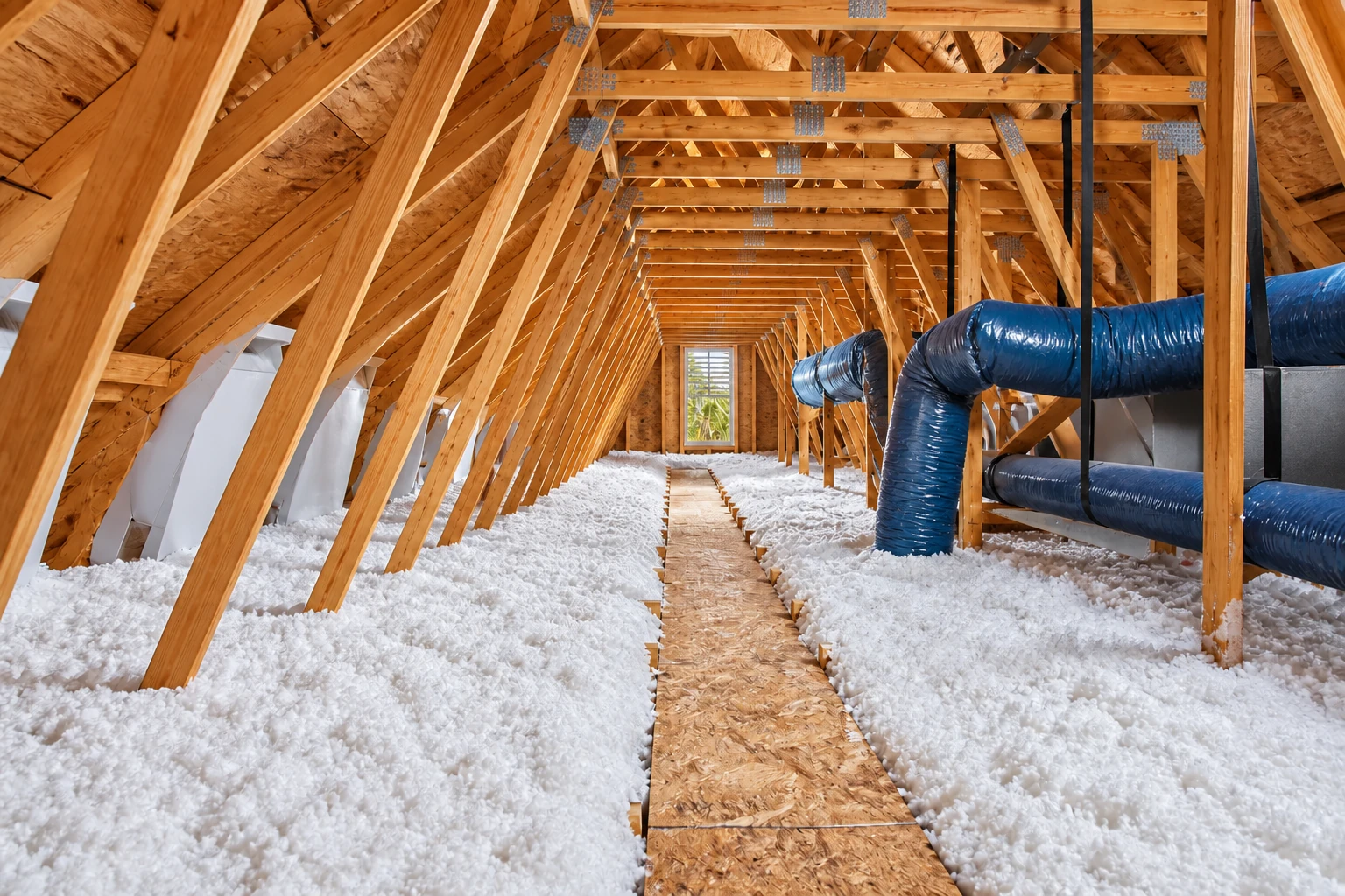 Attic with white blown-in insulation across the floor, a narrow wooden walkway, and blue ducts.