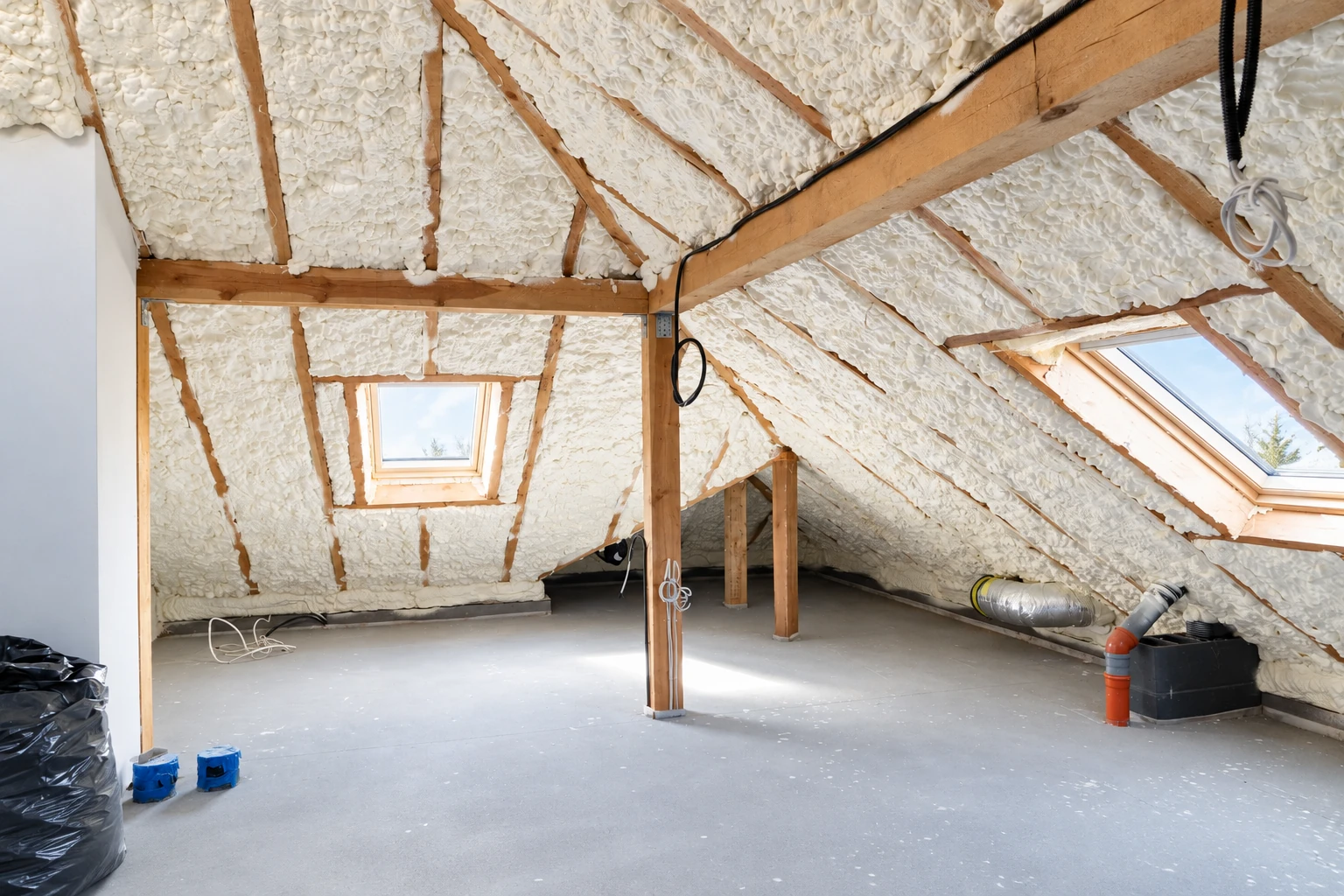 Attic with exposed rafters coated in white spray foam insulation, skylights, and a bare floor.