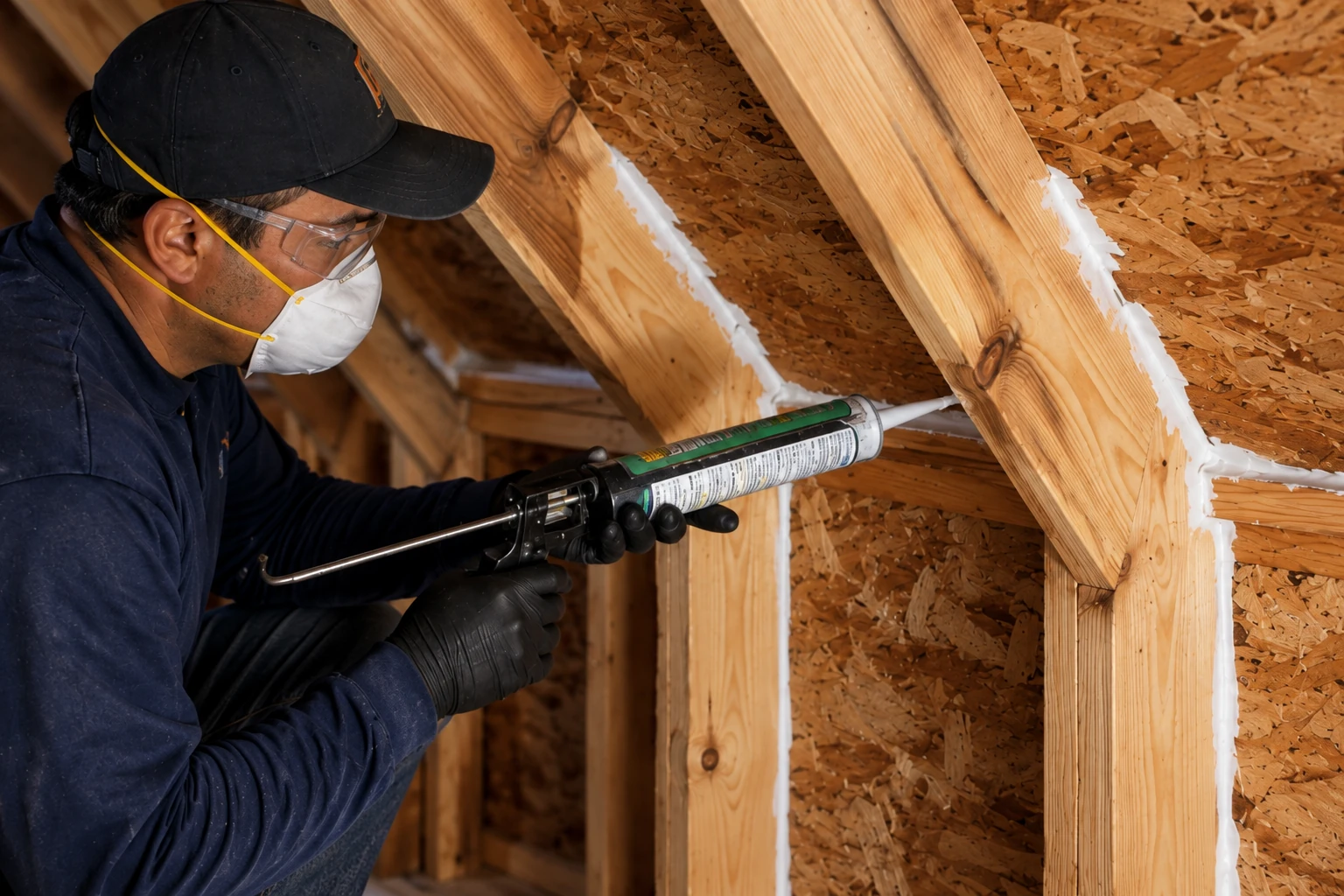 A worker wearing a mask and safety glasses applies sealant along attic framing with a caulking gun.