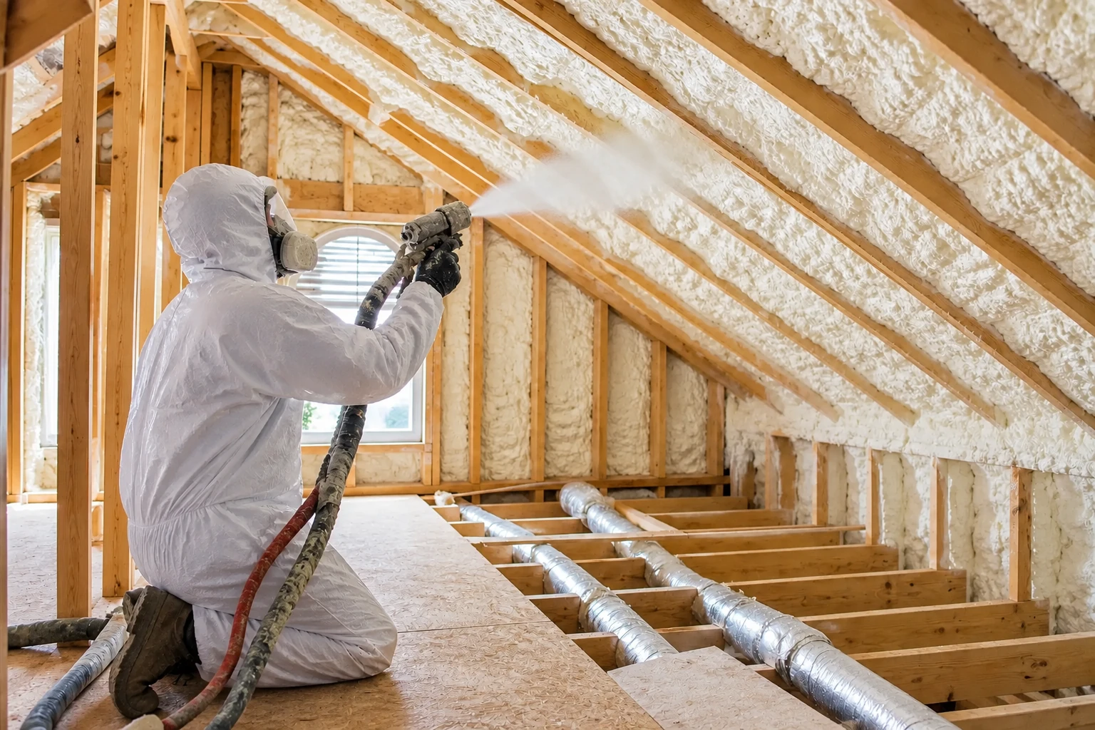 A worker in protective coveralls sprays foam onto the rafters of a wooden attic with a hose-fed nozzle.