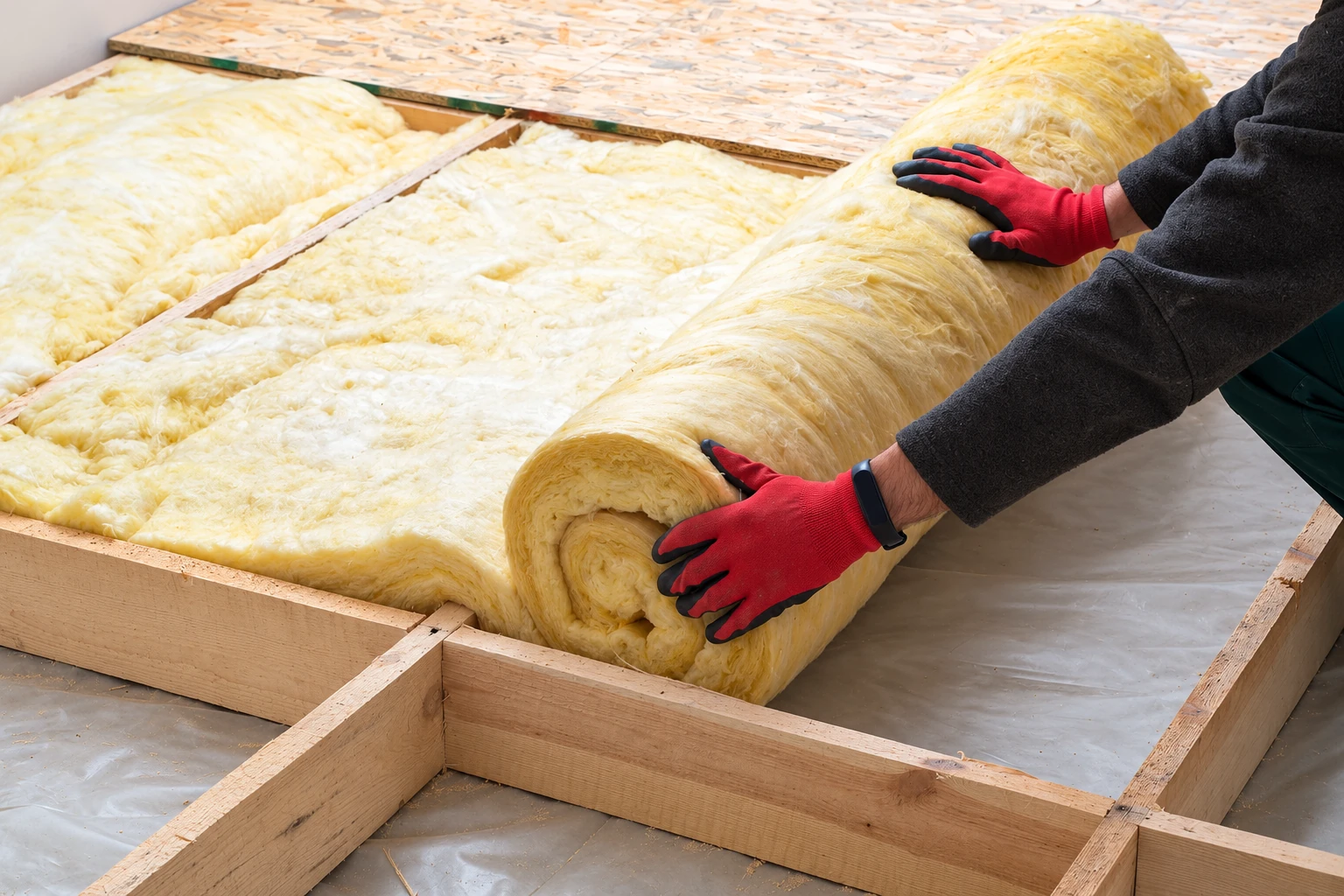 Red-gloved hands unroll yellow fiberglass insulation across an attic floor between wooden joists.