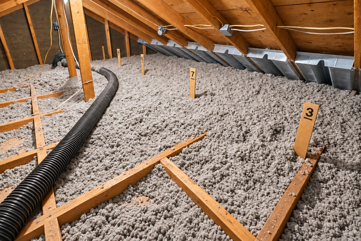 Attic floor covered in loose gray blown-in insulation, with numbered depth markers and a black flexible duct.