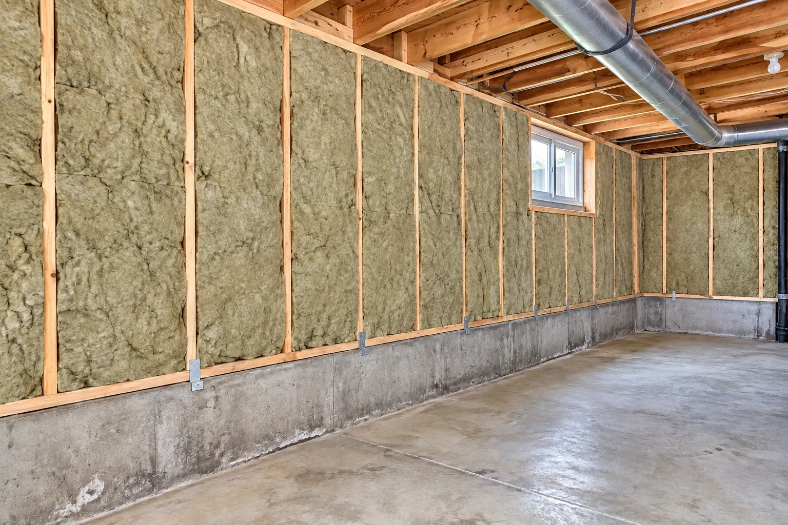 Basement walls framed with wood and filled with gray-green batt insulation above a concrete foundation.