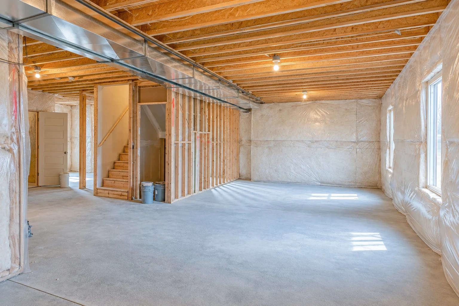 Unfinished basement with plastic sheeting over the walls, exposed ceiling joists, ductwork, and a bare concrete floor.