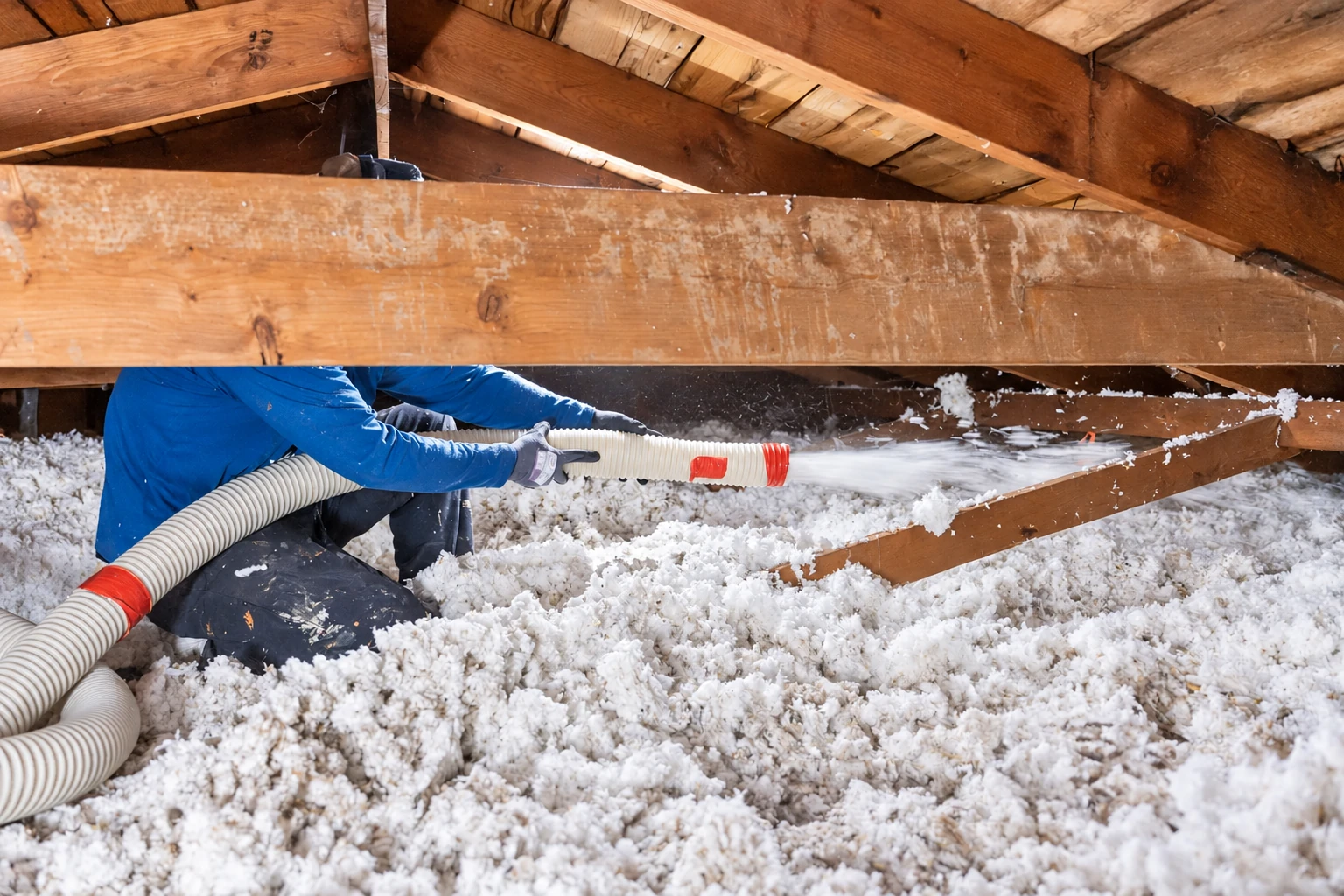 A worker uses a hose to blow loose-fill insulation across an attic floor beneath exposed rafters.