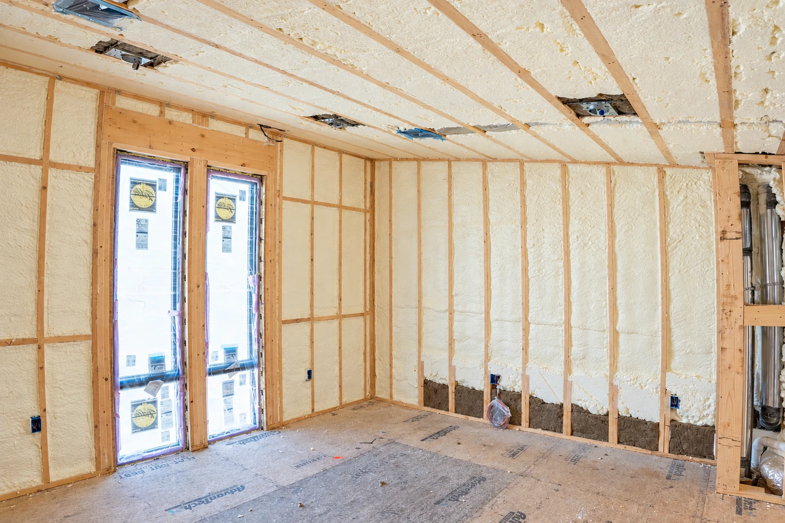 Unfinished room with pale spray foam insulation covering the walls and ceiling between exposed wood framing.