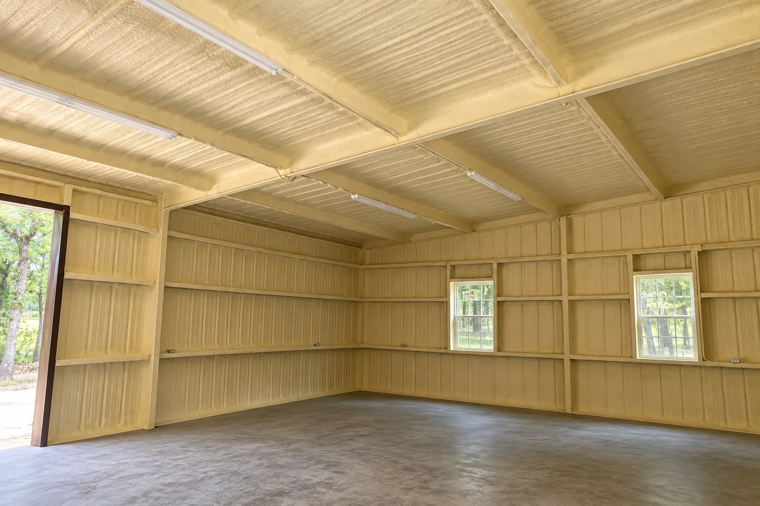 Commercial spray foam insulation coats the ceiling and walls of a large empty building with a concrete floor.