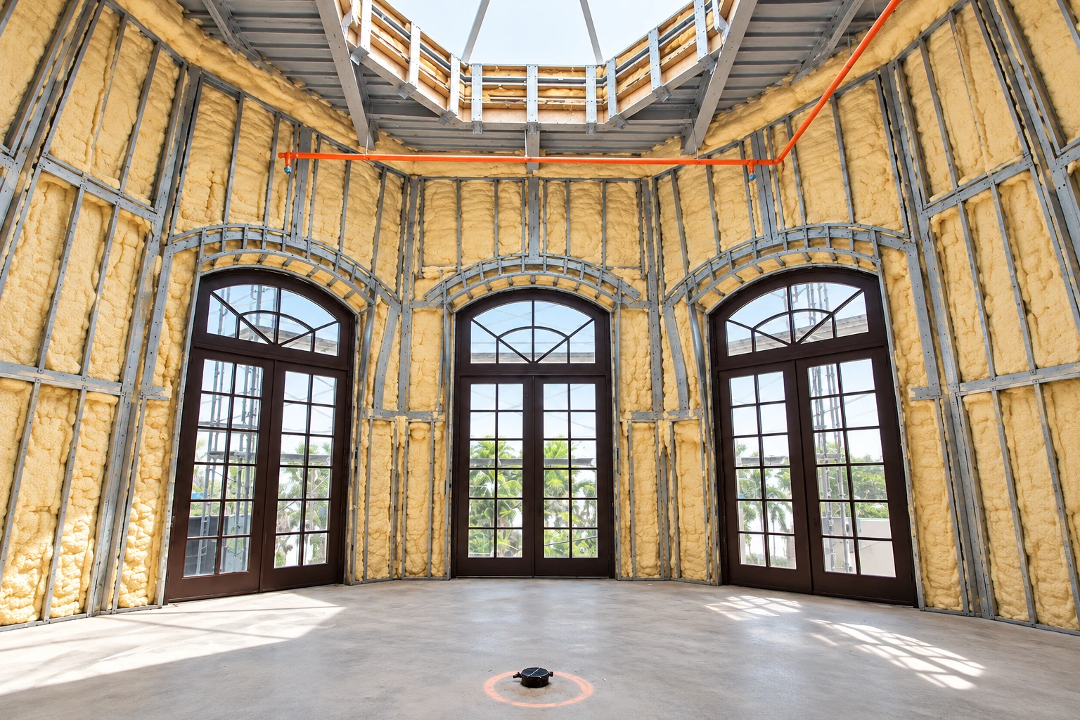 Commercial interior with yellow spray foam filling metal wall framing around three tall arched windows.
