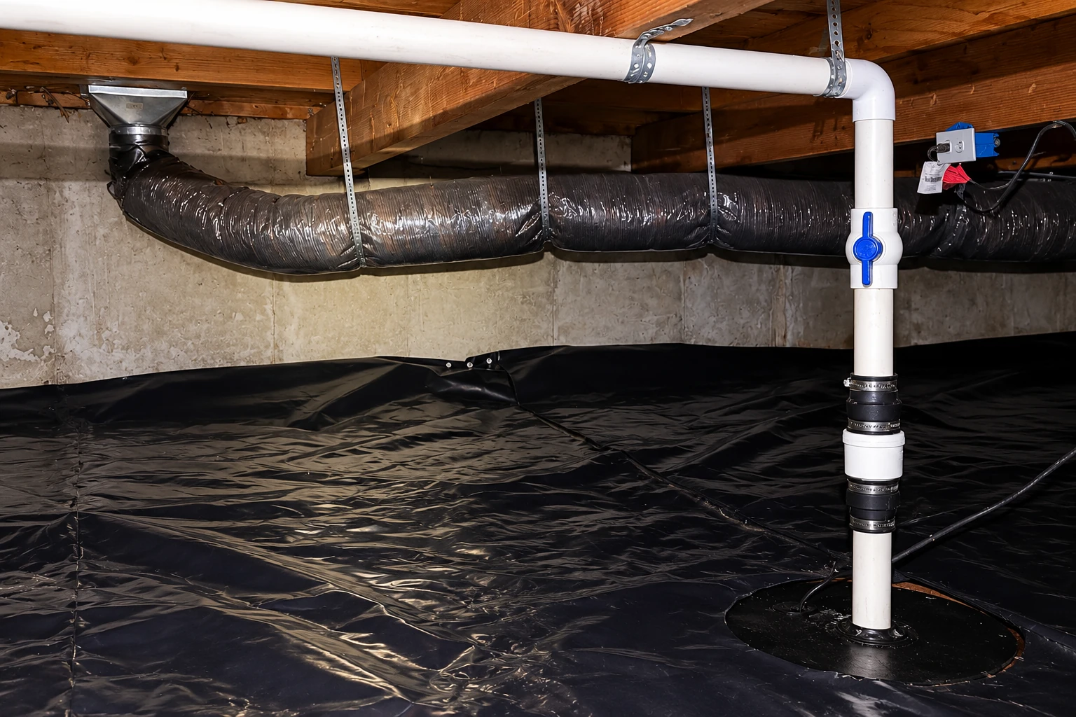 Crawl space with a black vapor barrier covering the floor beneath a white pipe and flexible ductwork.