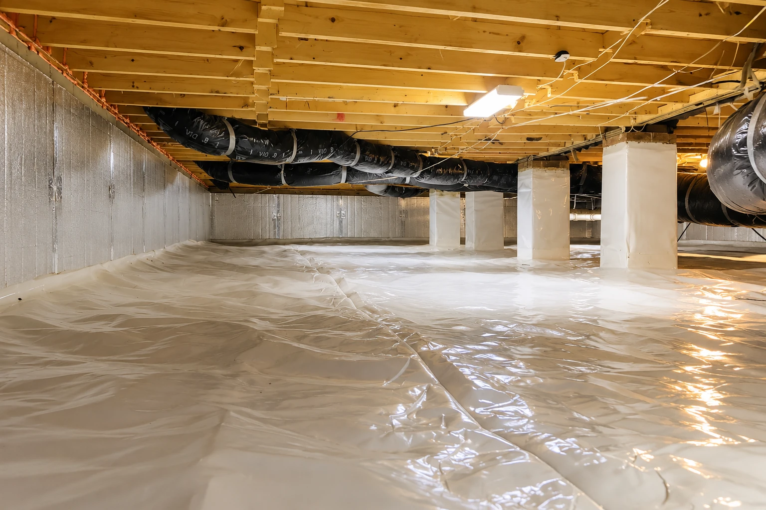 Crawl space with a white vapor barrier covering the floor and black insulated ducts running beneath exposed wood joists.