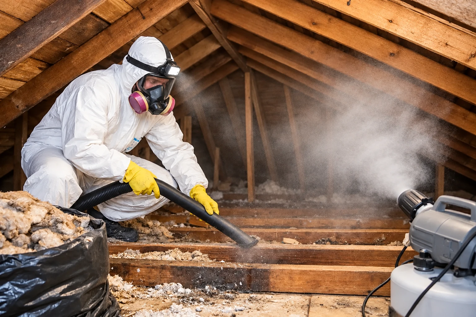 A worker in protective gear vacuums old insulation from an attic, with dust rising near the hose.