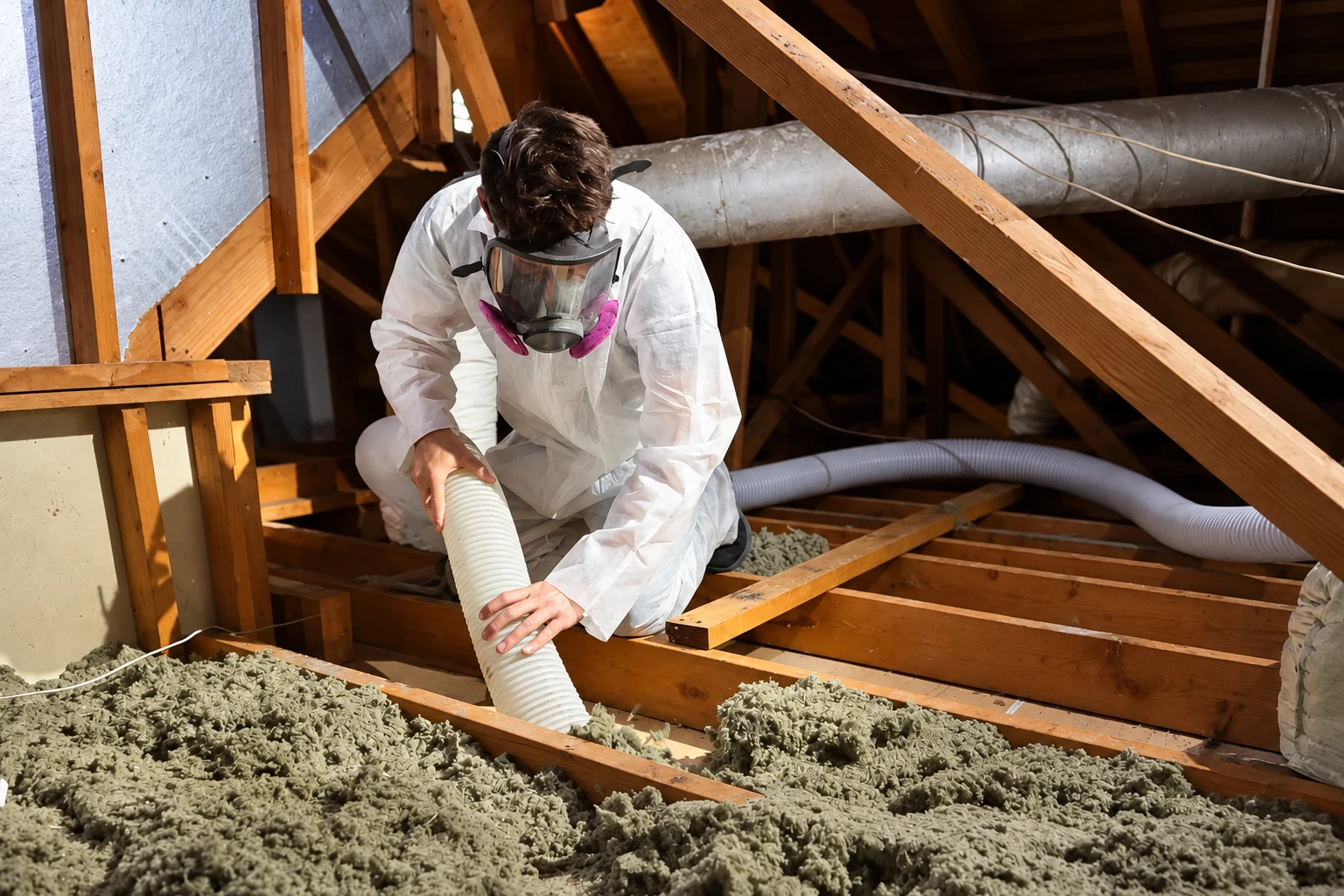 Worker in protective suit and respirator uses a hose to remove loose insulation from an attic.