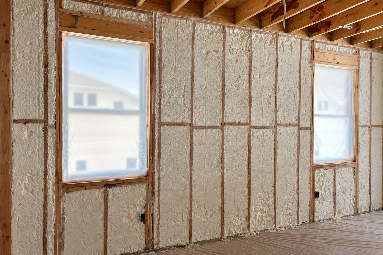 Open-cell foam insulation fills the wall cavities of a wood-framed room with two plastic-covered windows.