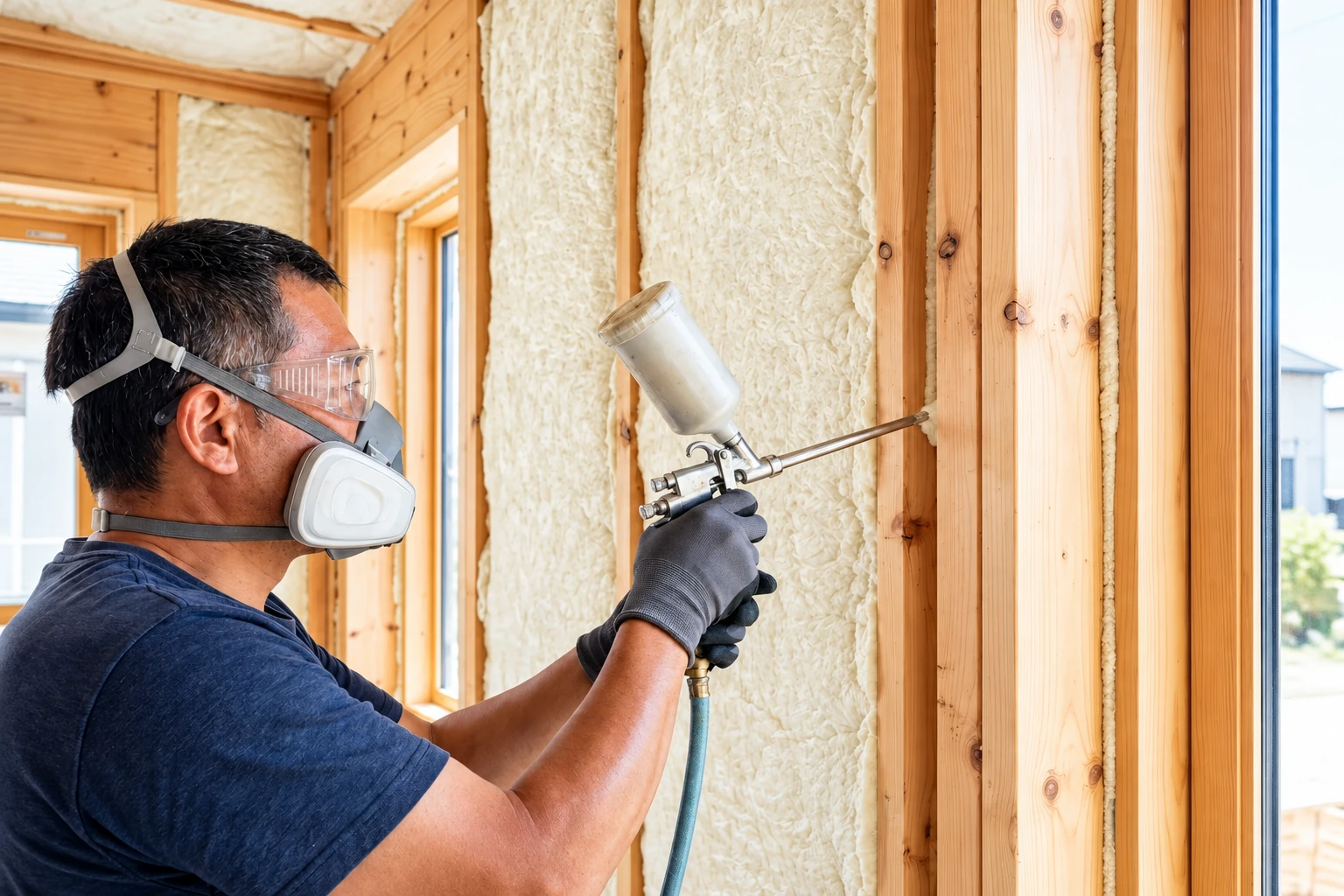 Worker wearing a respirator and goggles sprays foam insulation into a wooden wall cavity.
