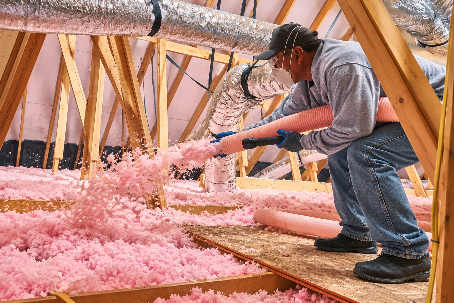 A worker spreads pink blown-in insulation across an attic floor using a flexible hose, among exposed rafters and foil-wrapped ducts.