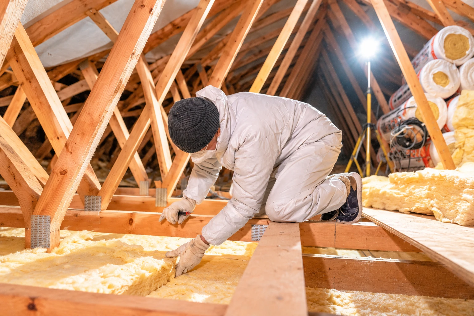 A worker kneels among attic joists, fitting yellow fiberglass batts between the beams.