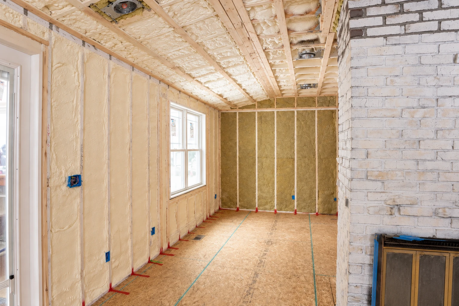 An unfinished room has pale spray foam coating the walls and ceiling, with exposed framing, a window, and a brick chimney.