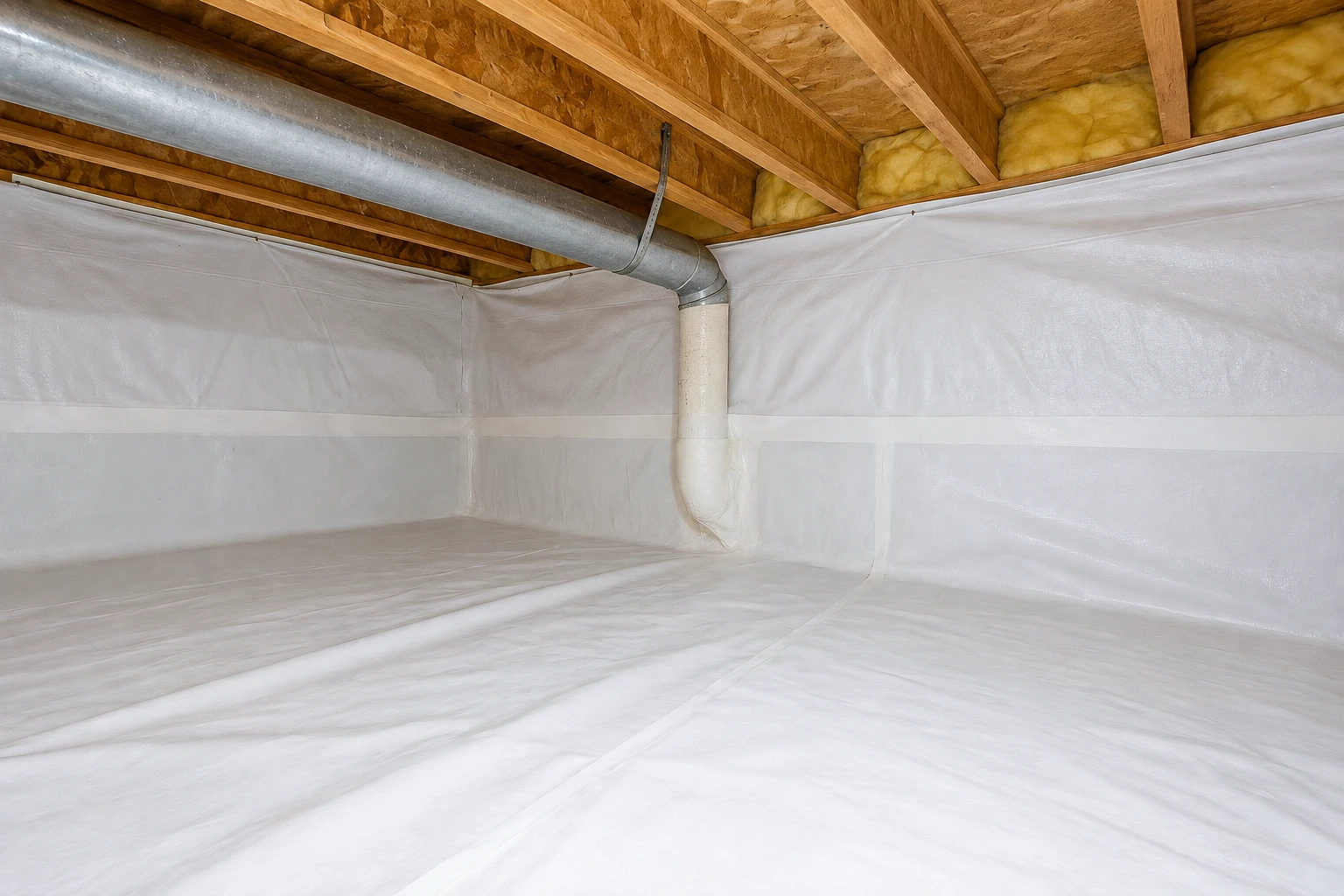 White vapor barrier sheeting covers the floor and walls of a crawl space beneath exposed joists and a metal duct.