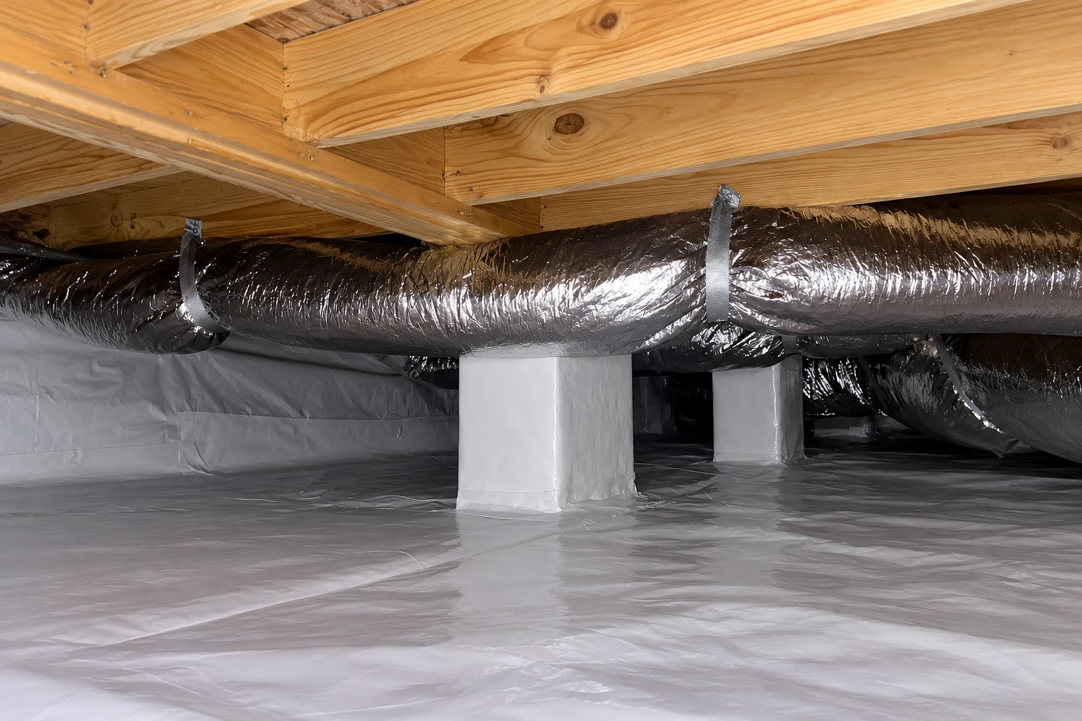 Crawl space with a gray vapor barrier covering the floor and lower walls beneath foil-wrapped ducts and wooden joists.